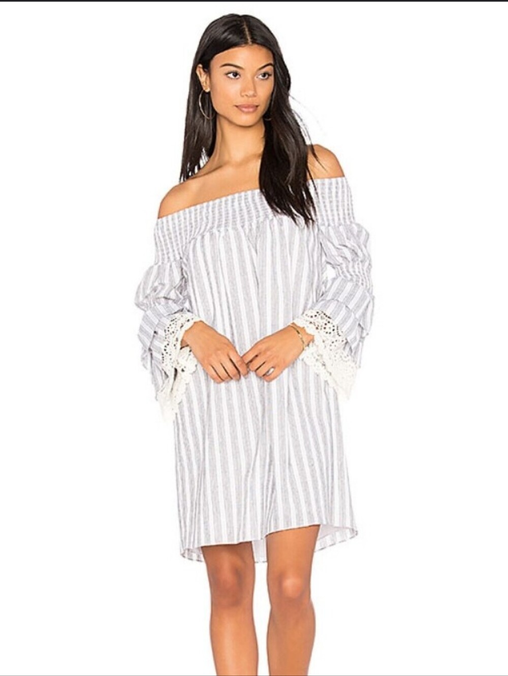 VaVa By Joy Han Womens Dress Off Shoulder Lined Striped Crochet White Gray Sz XS